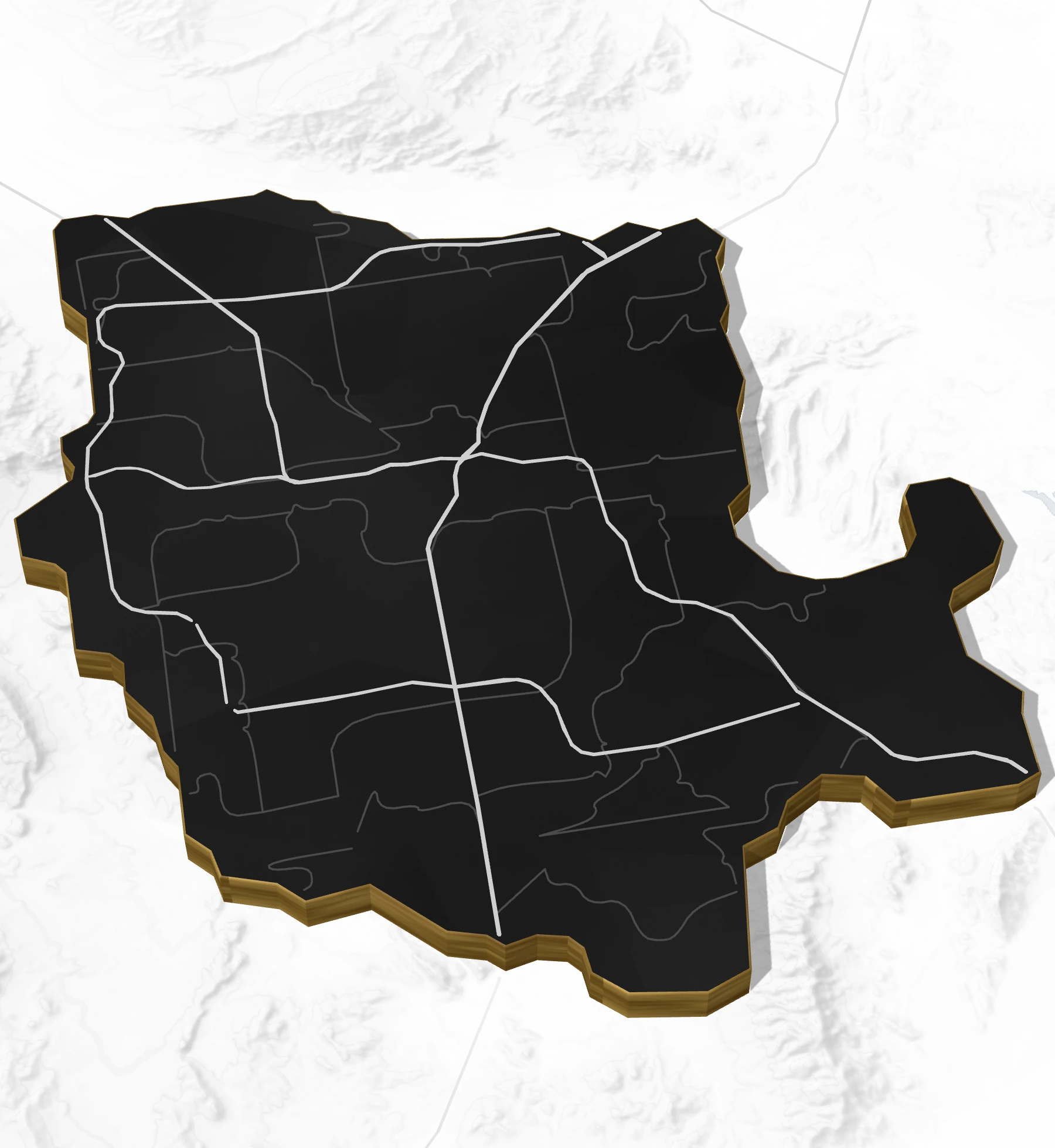 Stylized relief map of the Las Vegas Valley: a dark slab with gold edges, freeways and sixteen neighborhoods